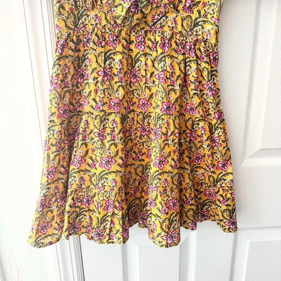 Rahi Yellow Floral Del Sole Chiara Puff Sleeve Ruffle V Neck Mini Dress Cotton S - Picture 5 of 12